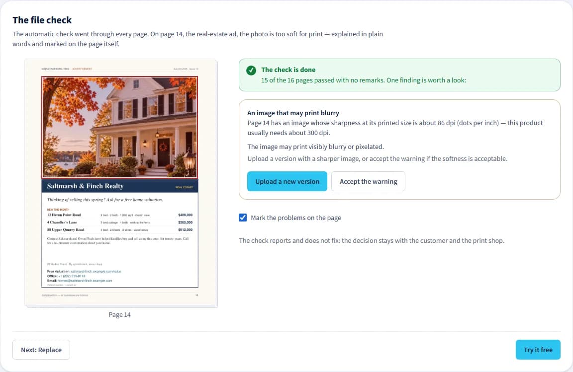 A current capture of the file check in the Drapress demo, marking a low-resolution image.