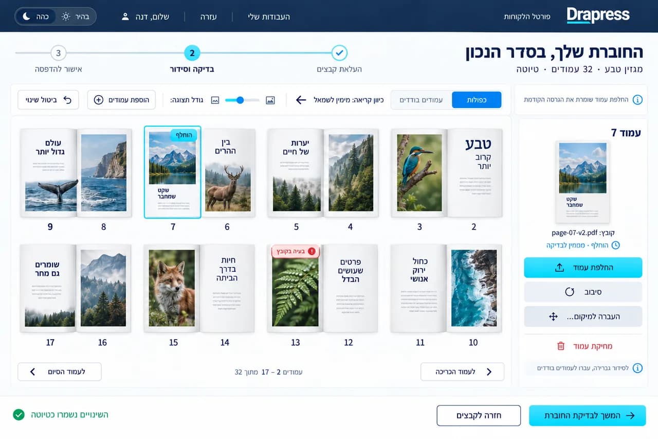 לוח העמודים של חוברת: העמודים בכפולות, עמוד שהוחלף מסומן, ועמוד עם בעיה בקובץ מסומן